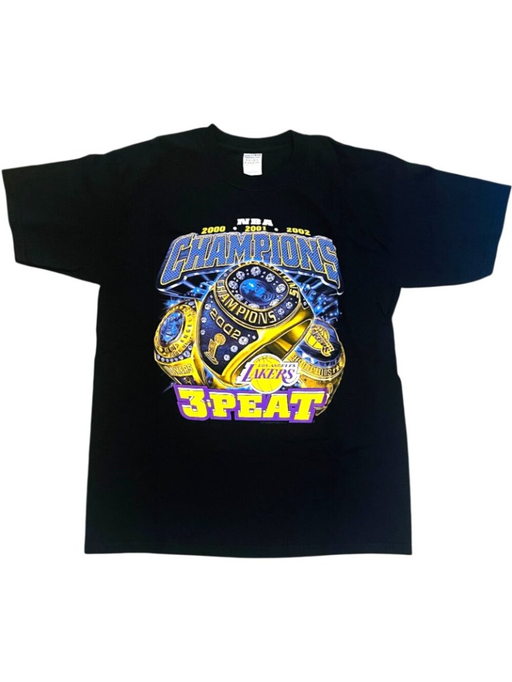 Lakers 2000 2001 2002 Champions 3 Peat Black Graphic Tee Men's Large - VTG - Picture 2 of 4